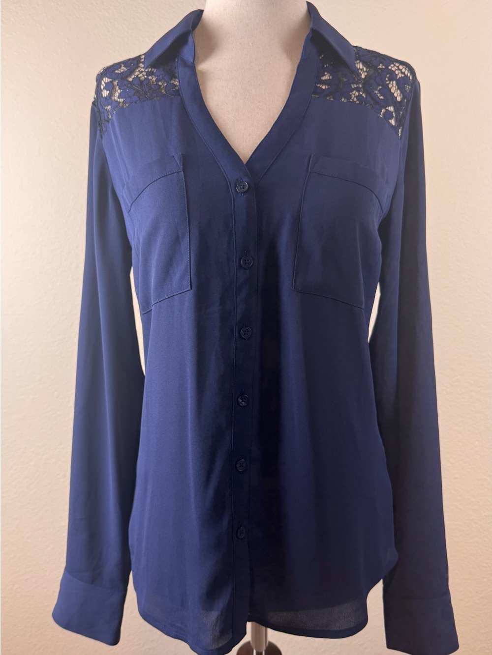 Express Portofino Shirt XS Blue Lace Sheer Convertible Sleeve Button Down